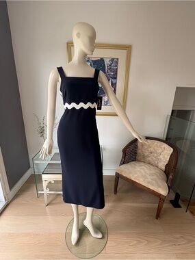 JOSEPH Ribkoff Elegant Navy Blue Midi Dress with White Waist Detail